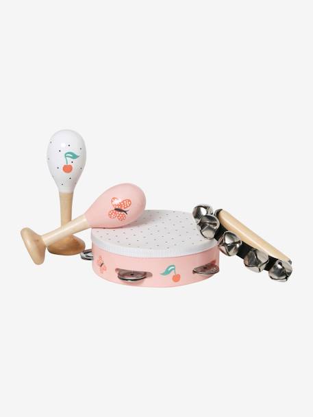 Set 3 instruments : maracas, tambourin, grelots en bois FSC® multicolore+Rose+vert - vertbaudet enfant 