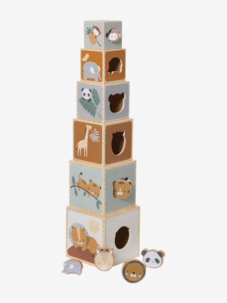 Cube Tower with Shape Sorter in FSC® Wood BEIGE MEDIUM SOLID WITH DECOR+Forest Friends+Forest Friends - vertbaudet enfant 