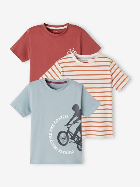 Pack of 3 Assorted T-Shirts for Boys BLUE LIGHT TWO COLOR/MULTICOL+BLUE MEDIUM SOLID WITH DESIGN+BROWN MEDIUM 2 COLOR/MULTICOL+GREY LIGHT MIXED COLOR+YELLOW LIGHT 2 COLOR/MULTICOL - vertbaudet enfant 