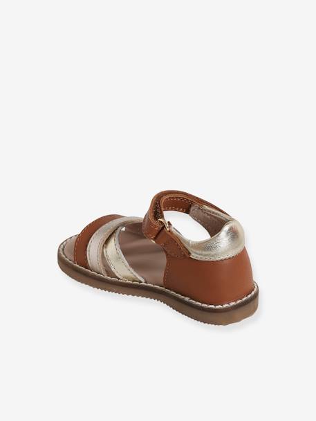 Leather Sandals with Touch-Fastener, for Baby Girls BROWN MEDIUM 2 COLOR/MULTICOL+PINK MEDIUM METALLIZED+white - vertbaudet enfant 