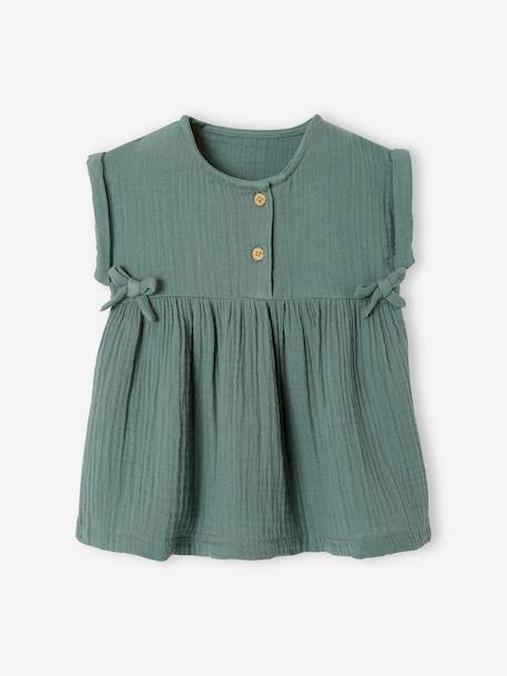Dress in Cotton Gauze for Babies GREEN MEDIUM SOLID+RED DARK SOLID - vertbaudet enfant 