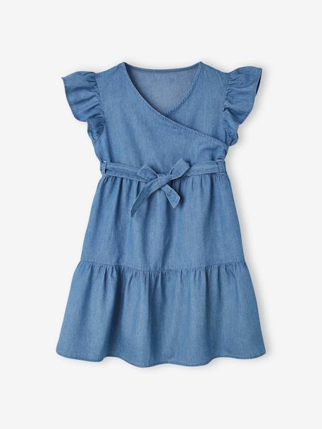 Light Denim Dress with Wrap-Over Effect for Girls BLUE DARK WASCHED - vertbaudet enfant 