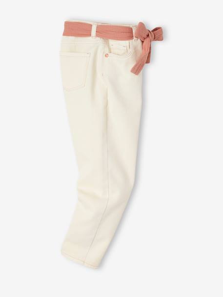 Pantalon Mom et sa ceinture en gaze de coton fille ivoire+moutarde+pêche+rose+rouge+vert émeraude - vertbaudet enfant 
