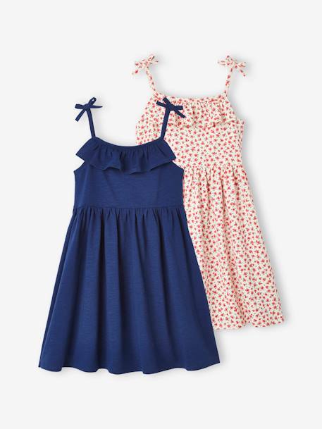 Pack of 2 Strappy Dresses: 1 Printed + 1 Plain, for Girls BLUE MEDIUM TWO COLOR/MULTICOL+fuchsia+YELLOW MEDIUM 2 COLOR/MULTICOL - vertbaudet enfant 