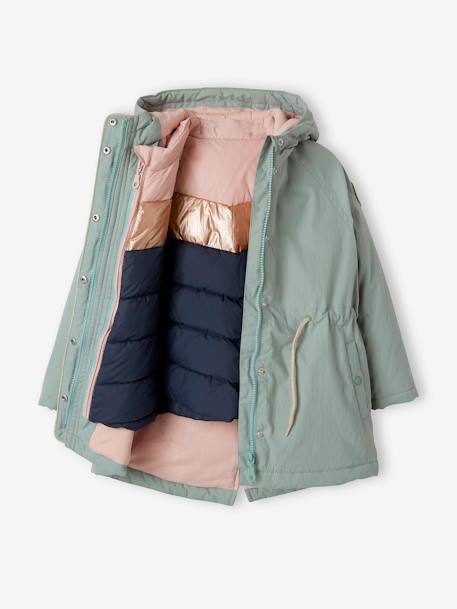 3-in-1 Hooded Parka, Recycled Polyester Padding, for Girls GREEN MEDIUM SOLID WITH DESIG+PINK DARK SOLID WITH DESIGN - vertbaudet enfant 