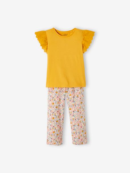 Ensemble T-shirt noué et pantalon fluide imprimé fille corail+jaune d'or+vert émeraude - vertbaudet enfant 