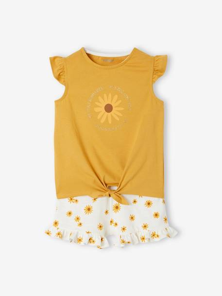 Ensemble T-shirt effet noué et short à volants fille corail+jaune d'or+vert d'eau - vertbaudet enfant 