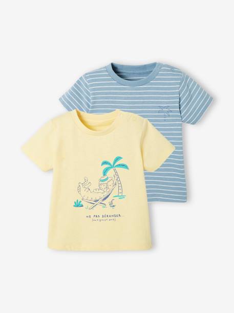 Lot de 2 T-shirts bébé garçon motifs animaux rigolos Oeko-Tex® lot jaune clair+lot turquoise - vertbaudet enfant 