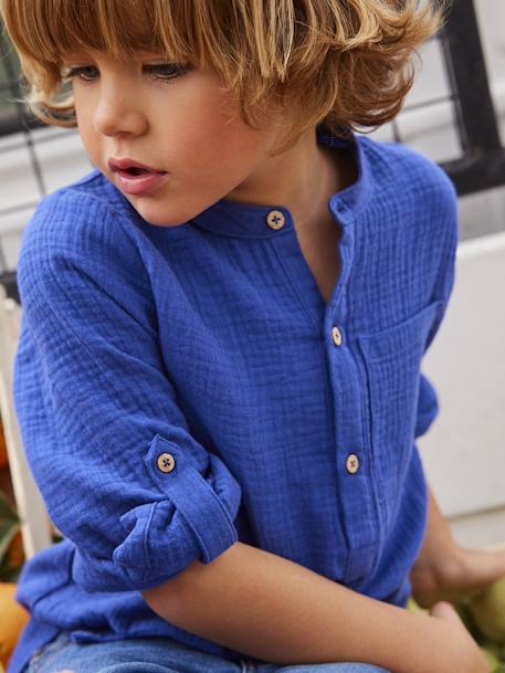Cotton Gauze Shirt, Roll-Up Sleeves, for Boys BLUE MEDIUM SOLID+ecru+green+yellow - vertbaudet enfant 