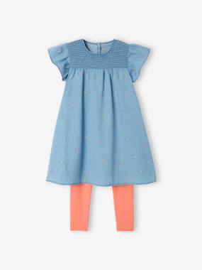 Girls-Outfits-2-Piece Combo: Embroidered Denim Dress & Leggings, for Girls