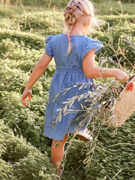 Light Denim Dress with Wrap-Over Effect for Girls BLUE DARK WASCHED - vertbaudet enfant 