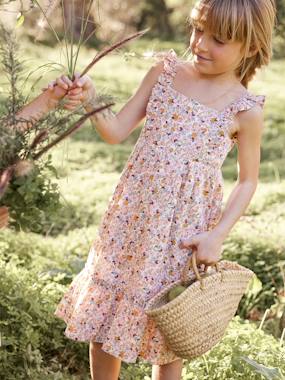 -Long Dress with Ruffled Straps for Girls