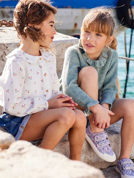 Bermuda Shorts with Embroidered Flowers, for Girls Light Denim Blue - vertbaudet enfant 