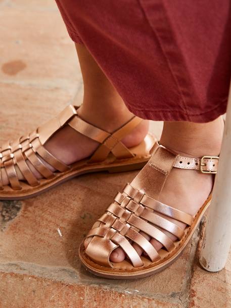 Leather Sandals for Girls Rose Gold - vertbaudet enfant 