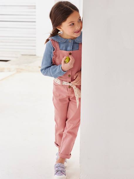 Dungarees with Ruffle, Printed Cherries on the Belt, for Girls BROWN LIGHT SOLID - vertbaudet enfant 