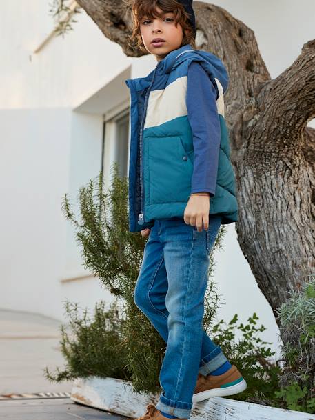 Hooded Bodywarmer with Recycled Polyester Padding, for Boys BLUE DARK SOLID WITH DESIGN+BLUE MEDIUM STRIPED - vertbaudet enfant 
