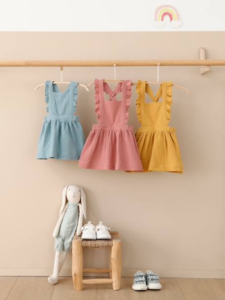 Robe bébé en gaze de coton bretelles à volants vert d'eau+vieux rose - vertbaudet enfant 