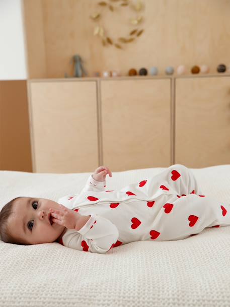 Baby Sleepsuit with Hearts, in Fleece, Petit Bateau WHITE LIGHT ALL OVER PRINTED - vertbaudet enfant 