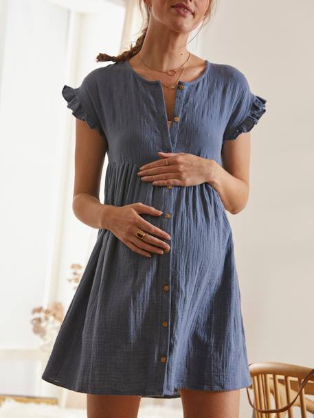 Short Cotton Gauze Dress, Maternity & Nursing Special GREEN DARK SOLID - vertbaudet enfant 