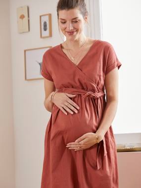 -Long, Wrapover Dress in Linen & Cotton, Maternity & Nursing Special