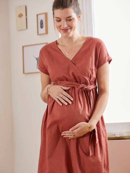 Long, Wrapover Dress in Linen & Cotton, Maternity & Nursing Special RED MEDIUM SOLID - vertbaudet enfant 