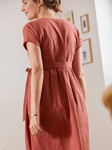 Long, Wrapover Dress in Linen & Cotton, Maternity & Nursing Special RED MEDIUM SOLID - vertbaudet enfant 
