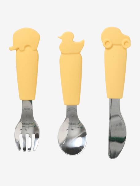 3 Cutlery Set in Silicone & Stainless Steel, for Children BROWN LIGHT SOLID - vertbaudet enfant 