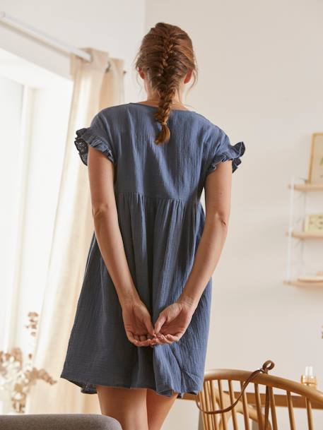 Short Cotton Gauze Dress, Maternity & Nursing Special GREEN DARK SOLID - vertbaudet enfant 
