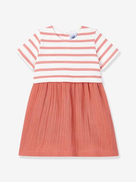 Dual Fabric Dress in Cotton Gauze and Thick Organic Jersey Knit for Babies, by PETIT BATEAU RED MEDIUM SOLID WITH DESIG - vertbaudet enfant 