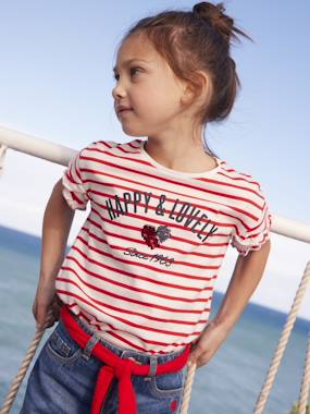 Girls-Tops-T-Shirts-Striped T-Shirt, Sequinned Heart, for Girls
