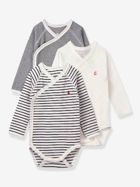 Baby-Bodysuits-Set of 3 Long Sleeve Wrapover Bodysuits, Striped, for Newborn Babies, in Organic Cotton, by Petit Bateau