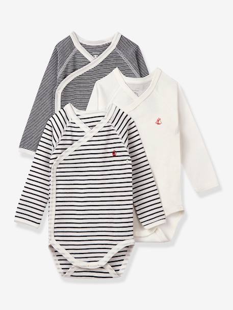 Set of 3 Long Sleeve Wrapover Bodysuits, Striped, for Newborn Babies, in Organic Cotton, by Petit Bateau BLUE MEDIUM TWO COLOR/MULTICOL - vertbaudet enfant 
