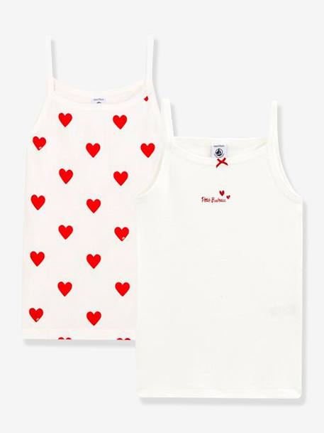 Pack of 2 Strappy Cotton Vests with Hearts, for Girls - Petit Bateau WHITE LIGHT ALL OVER PRINTED - vertbaudet enfant 