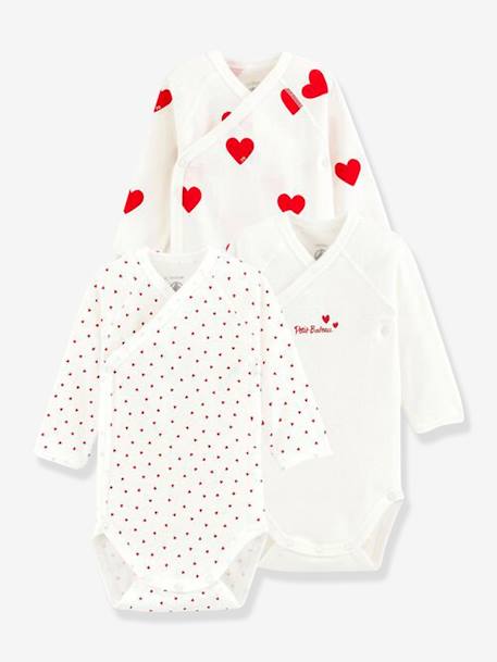 Lot de 3 bodies croisés manches longues coeurs bébé naissance en coton bio blanc - vertbaudet enfant 