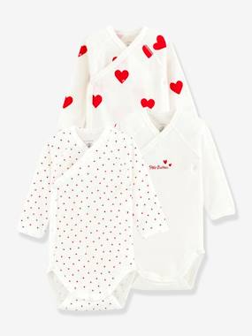 Baby-Bodysuits-Set of 3 Long Sleeve Wrapover Bodysuits with Hearts in Organic Cotton for Newborn Babies, by Petit Bateau