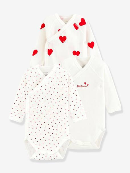 Set of 3 Long Sleeve Wrapover Bodysuits with Hearts in Organic Cotton for Newborn Babies, by Petit Bateau WHITE LIGHT TWO COLOR/MULTICOL - vertbaudet enfant 
