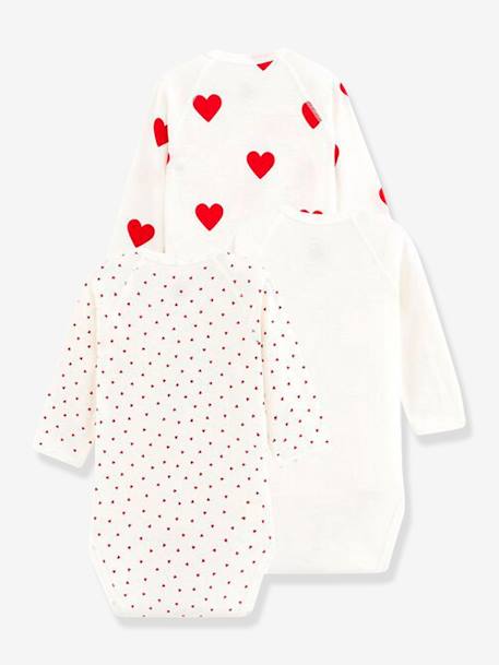 Set of 3 Long Sleeve Wrapover Bodysuits with Hearts in Organic Cotton for Newborn Babies, by Petit Bateau WHITE LIGHT TWO COLOR/MULTICOL - vertbaudet enfant 