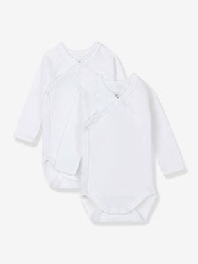 Baby-Set of 2 Long Sleeve Wrapover Bodysuits in Organic Cotton for Newborn Babies, by Petit Bateau