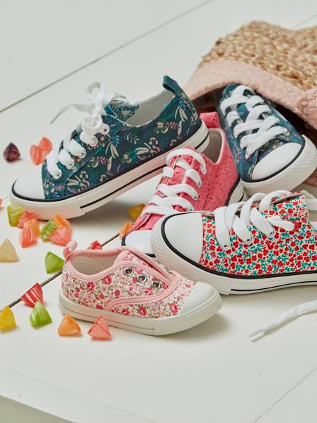 Trainers in Fancy Fabric, for Girls GREEN DARK ALL OVER PRINTED+PINK MEDIUM SOLID+printed white+RED MEDIUM ALL OVER PRINTED - vertbaudet enfant 