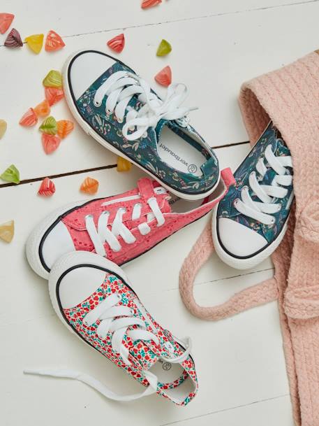 Trainers in Fancy Fabric, for Girls GREEN DARK ALL OVER PRINTED+PINK MEDIUM SOLID+RED MEDIUM ALL OVER PRINTED - vertbaudet enfant 