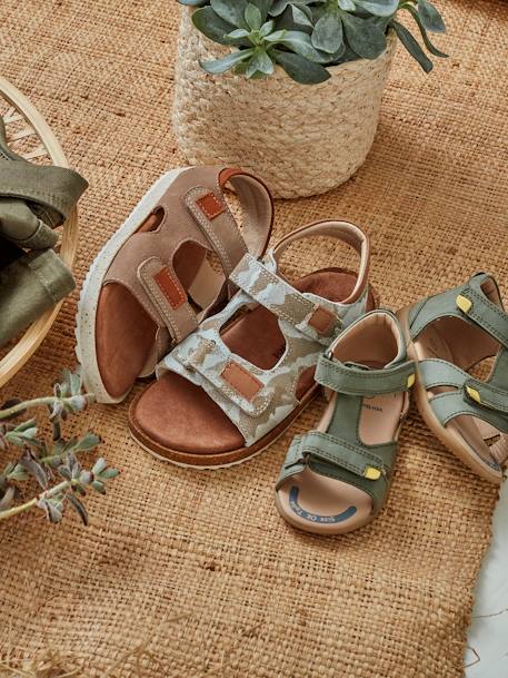 Leather Sandals with Touch-Fasteners, for Baby Boys GREEN DARK SOLID - vertbaudet enfant 