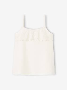 Girls-Sleeveless Top with Ruffles in Broderie Anglaise for Girls