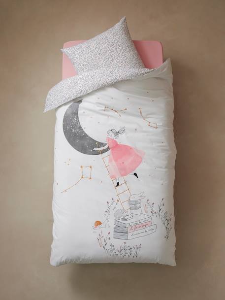 Duvet Cover + Pillowcase Set for Children To The Moon, Oeko-Tex® WHITE LIGHT SOLID WITH DESIGN - vertbaudet enfant 