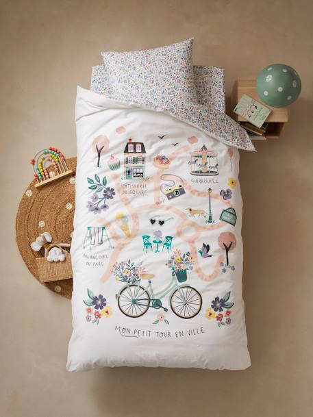 Duvet Cover + Pillowcase Set for Children, Lilac Square WHITE LIGHT SOLID WITH DESIGN - vertbaudet enfant 