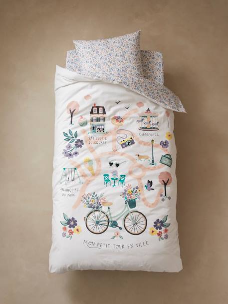 Duvet Cover + Pillowcase Set for Children, Lilac Square WHITE LIGHT SOLID WITH DESIGN - vertbaudet enfant 
