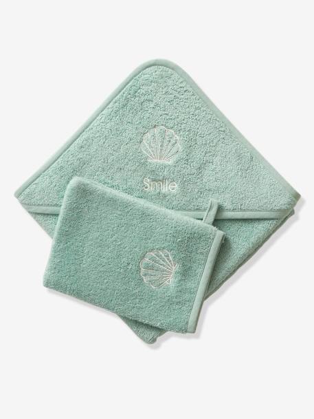 Cape de bain personnalisable et gant de toilette blanc+bleu moyen+framboise+ocre+rose poudré+vert bleuté+vert céladon - vertbaudet enfant 