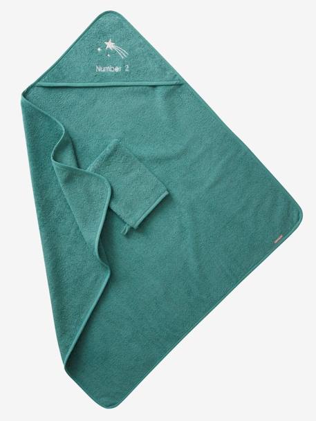 Cape de bain personnalisable et gant de toilette blanc+bleu moyen+framboise+ocre+rose poudré+vert bleuté+vert céladon - vertbaudet enfant 