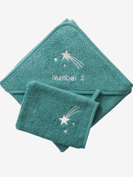 Cape de bain personnalisable et gant de toilette blanc+bleu moyen+framboise+ocre+rose poudré+vert bleuté+vert céladon - vertbaudet enfant 
