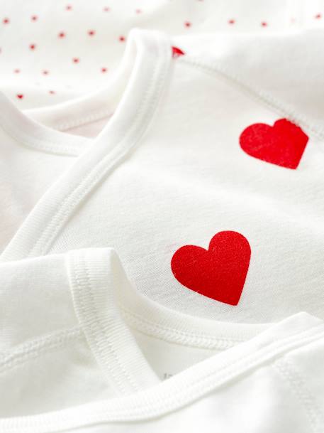 Set of 3 Short Sleeve Wrapover Bodysuits with Hearts in Organic Cotton for Newborn Babies, by Petit Bateau WHITE LIGHT TWO COLOR/MULTICOL - vertbaudet enfant 