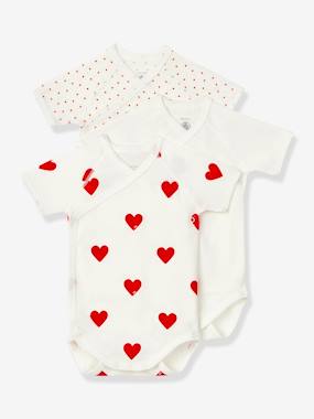 Baby-Bodysuits-Set of 3 Short Sleeve Wrapover Bodysuits with Hearts in Organic Cotton for Newborn Babies, by Petit Bateau